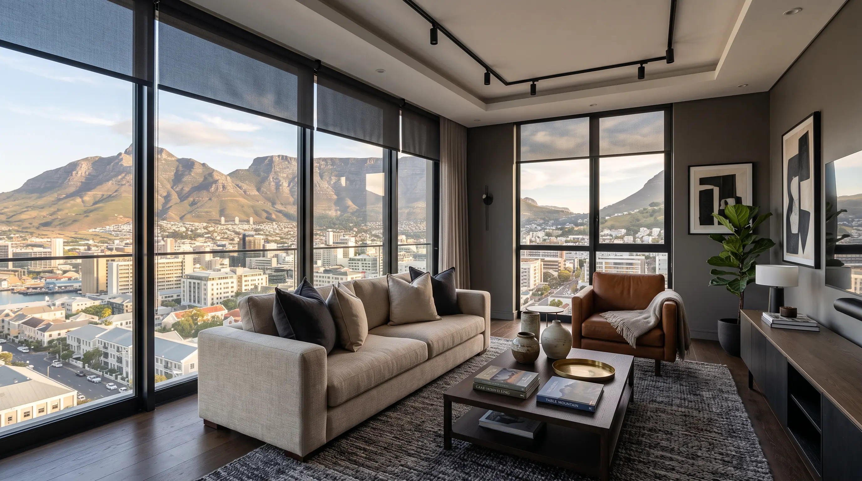 Carbon and oat toned motorised blinds in a City Bowl apartment living room with tobacco accents